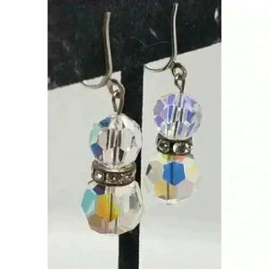 Vtg Earrings Clip Long Dangle Crystal Faceted AB Prism Balls Rhinestone Accent